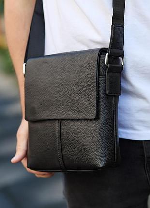 Кожаная мужская сумка-мессенджер через плечо черная tiding bag 48450