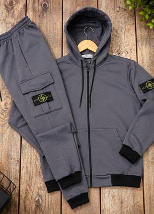 Теплый костюм трехнитка на флисе stone island grey fleece