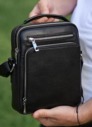Мужская сумка-барсетка через плечо кожаная черная с ручкой tiding bag m61693
