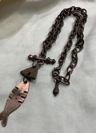 🐟 🤎 🪬 винтажный авторский подвес-амулет «рыба» с керамикой / камнем на медной цепочке 🐟🌾✨
