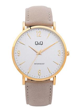 Чоловічий годинник q&q qb40j103y fashion золотистий корпус світло-сірий ремінець з екошкіри водозахист 30 м білий циферблат