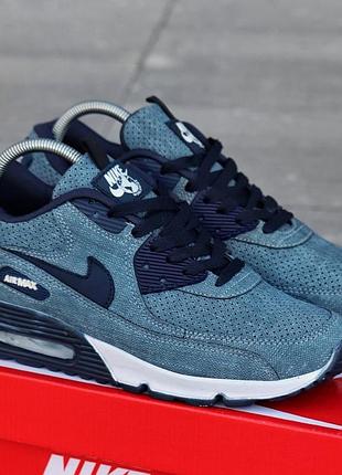 Мужские кроссовки кожаные nike air max 90 синие стильные комфортные кроссы из кожи найк аир макс повседневная легкая обувь на лето