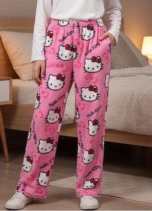 Піжамні штани плюшеві на дівчинку хелоу кітті hello kitty рожеві довжина 101 см