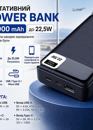 Повербанк с быстрой зарядкой 20000 mah, портативное зарядное устройство 22.5w, внешний аккумулятор с цифровым дисплеем индикатором