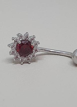 Серебряная серьга для пирсинга пупка з фианитами. 7027.11с красный