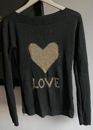 Светр жіночий тонкий темно-зелений з принтом love