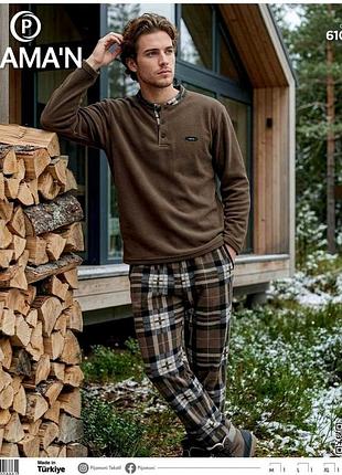 Пижама мужская флисовая в клетку pijaman турция, коричевый