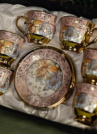 Сервиз для кофе на 6пр 12 предметов набор чашек с блюдцем с цветочным орнаментом и золотом чашки для эспрессо подарочная коробка