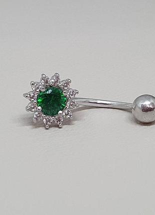Серебряная серьга для пирсинга пупка з фианитами. 7027.4с зеленый
