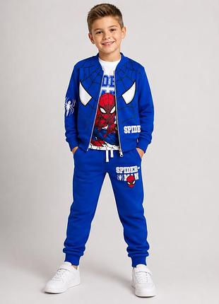 Детский спортивный костюм spider-man (человек-паук) 3-в-1 для мальчика-кофта, реглан и штаны, синий 122-128