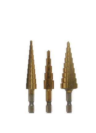 Сверла конические титановые по металлу yato, hex-1/4", hss, для отверстий ø=3-12мм, 4-12мм,4-20мм; 3шт[40], yt44731