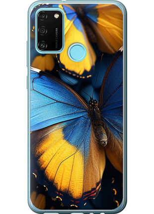 Чехол на huawei honor 9a желто-голубые бабочки из силикона fch_0175529