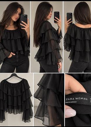 Чорна блуза zara woman з воланами, розмір s 🖤