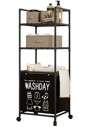 Корзина для белья в ванную washday с 2 полками 130х42х32см / напольный стеллаж-органайзер для белья и хранения вещей