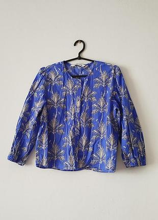 Zara.синяя коттоновая блуза с рукавами на резинке.