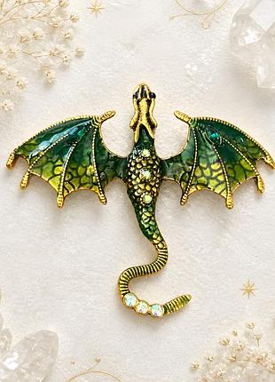 🐉💚 ефектна вінтажна брошка «зелений дракон» із кристалами та емаллю 💎