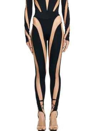 Легінси mugler x h&m black beige mesh panel stirrup