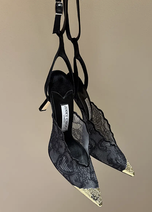Женские черные кружевные туфли jimmy choo faiz 100 с золотым носком джими чу