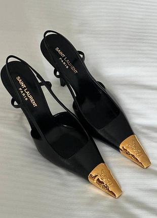 Женские кожаные черные туфли - слингбэки ysl jeanne slingback с золотым каблуком yves saint laurent 41