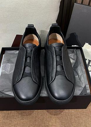 Мужские черные кожаные кроссовки zegna triple stitch черные кеды зегна 46.
