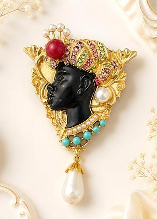 👑✨ розкішна вінтажна брошка «африканська принцеса / камея» з перлинами, стразами та підвіскою 💎