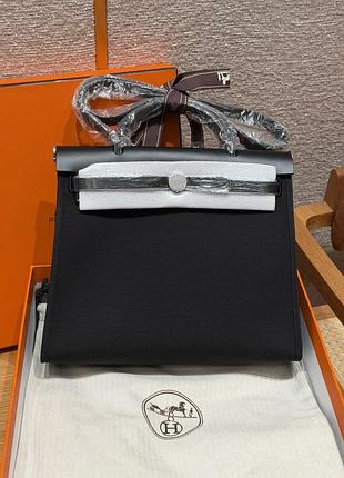 Женская кожаная текстильная черная сумка hermes herbag 31 гермес кожа эрмес серебряная фурнитура