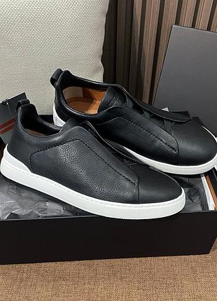 Чоловічі чорні шкіряні кросівки zegna triple stitch чорні кеди зегну 45