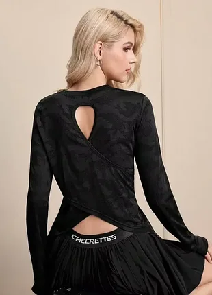 Спортивний лонгслів жіночий чорний 🖤 відкрита спина та вирізи під пальці 🔥 shein cheerettes camo ✨ сітка камуфляж рашгард