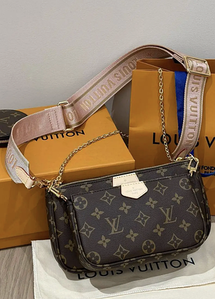 Жіноча коричнева шкіряна сумка louis vuitton multi pochette мульти пошей 3 в 1 луї вітон