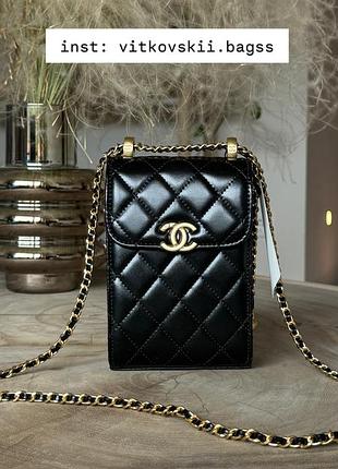 Сумочка pearl crush phone case with chain lambskin black❣️