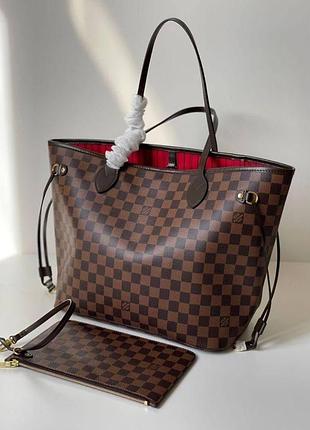 Женская коричневая кожаная сумка louis vuitton neverfull gm луи виттон lv шоппер тоте