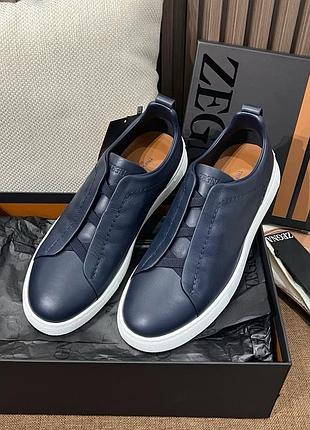 Чоловічі сині шкіряні кросівки zegna triple stitch чорні кеди зегну