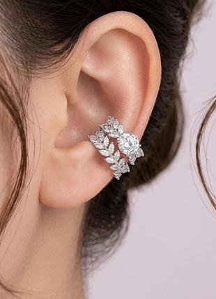 Серьги каффы на уши без прокола с камнями и листочками набор 2 шт, код 7407
