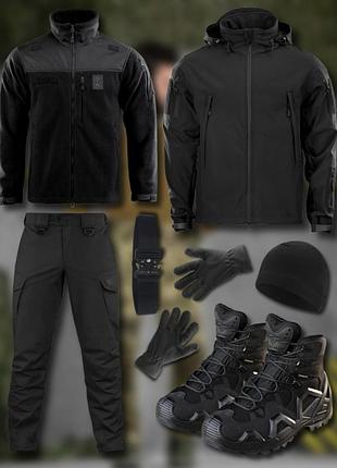 Чоловічий тактичний спортивний костюм soft-shell на флісі з черевиками ак/lowa black та аксесуарами, чорний
