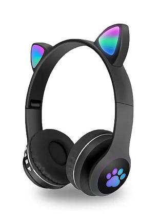 Беспроводные наушники с кошачьими ушками и rgb подсветкой fm радио, micro sd cat mz-023 чёрные