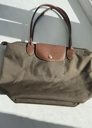 Сумка-тоут longchamp le pliage кольору хакі/оливи зі шкіряним оздобленням