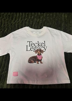 Нова укорочена біла футболка zara для дівчинки з таксою «teckel legacy» (148 см / 11-12 років)