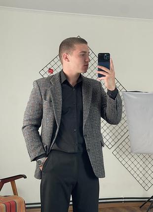 2449 / сірий вовняний класичний піджак harris tweed в клітинку