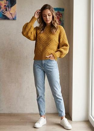 Теплий гірчичний светр topshop фактурного в'язання з об'ємними рукавами