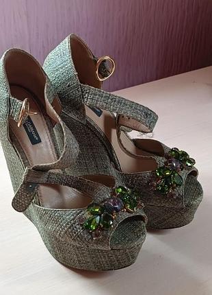Босоніжки жіночі dolce & gabbana зелені, розмір 38.5, рафія, шкіра