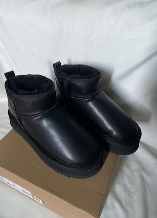 Ugg platform mini чорні шкіряні уггі на платформі розмір 39