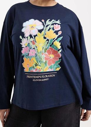 Asos design, лонгслів темно синього кольору з принтом, 2-3 xl