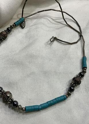 🪶 📿 🌵 винтажное этно-бусинто в Индианском / Южанно-западном стиле с гематитом, бирюзовыми дисками и «жидким серебром» 🌌 🦅 🇲🇽