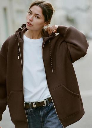 Стильне оверсайз зіп-худі zara в ідеальному шоколадному відтінку!