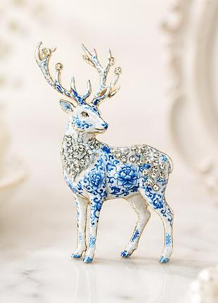 🦌✨ вишукана вінтажна брошка «олень» із синьо-білим розписом та стразами 💎