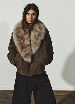 Жіноча куртка бомбер з еко шкіри та штучного хутра zara