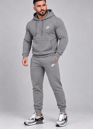 Чоловічий зимовий спортивний костюм nike з худі сірий меланж теплий тринитка на байці