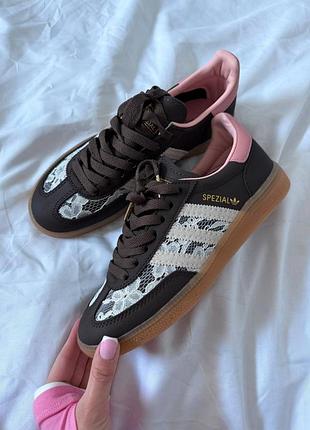 ✨ замшеві кросівки spezial lace brown pink з мереживом / замша рожеві коричневі в коробці