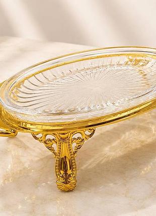 Блюдо сервировочное royal grace sj1308s стеклянное на металлических ножках 33.5х19.5х6 см прозрачный с золотистым
