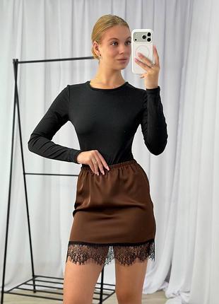 Юбка мини шелковая с кружевом, бежевый, белый, черный, шоколадный